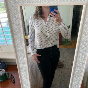 Forever 21 White Long-Sleeve Medium Blouse with Black Polka Dots